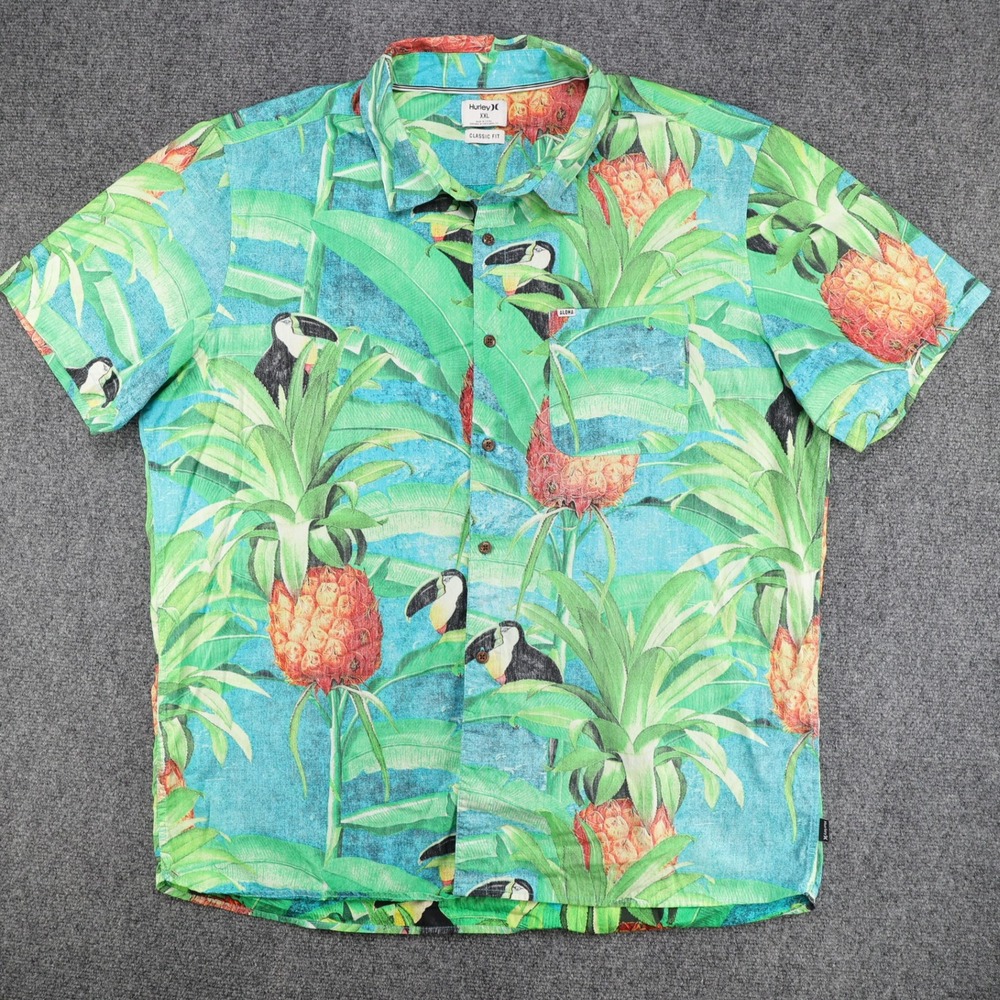 Hurley Mens XXL Classic Fit Tropical Toucan Pineapple Hawaiian Shirt Teal Blue